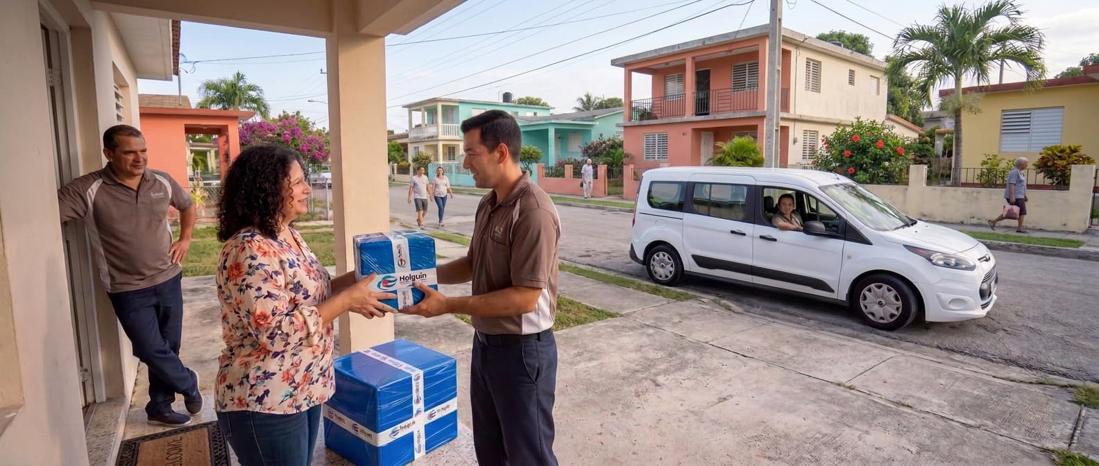 Familia recibiendo cajas identificadas de Holguin Travels en Cuba